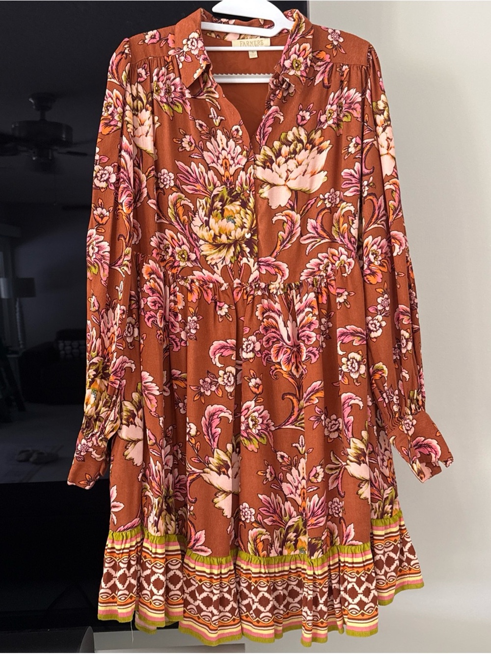 Farmers Market Women's S Flowy Mini Dress Brown Harvest Bloom Floral Boho Fall